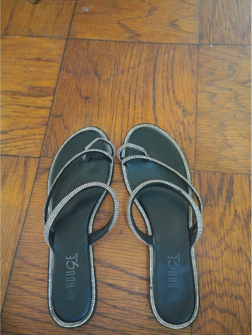 Rouge Collection Sandals Womens Size 8 Black Rhinestone Bling Y2K Strappy Toe